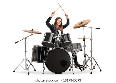 Young female drummer starting a drum session isolated on white background