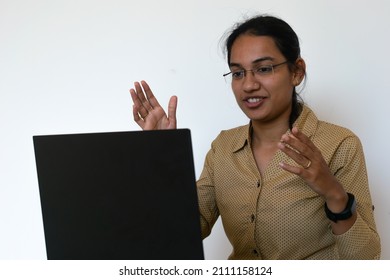 A Young Female Employee Or A Businesswoman Attending Meeting Online, Presenting Her Ideas. IT, Corporate, Promotion, Job, Success, Appraisal, Feedback, Manager, Offer Letter, Attrition, Excitement.