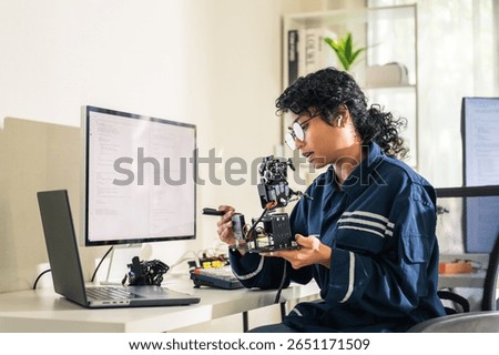 Young female engineer coding and assembling a robotic arm prototype at home office. Concept of AI, robotics, STEM, and female innovation in technology.