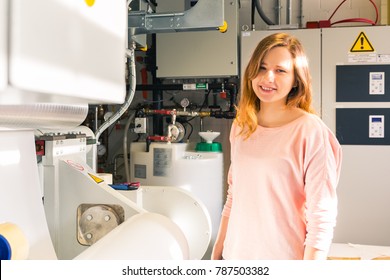 Young Female Engineer Printing Specialist Gravure Intaglio Printing Industrial Machine Industrial Production