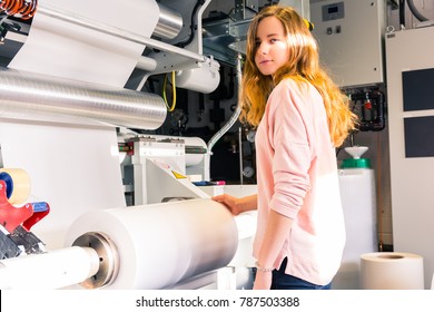 Young Female Engineer Printing Specialist Gravure Intaglio Printing Industrial Machine Industrial Production