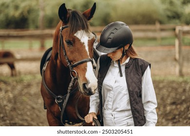 A young female equestrian stands near her horse and prepares for a competition. Show jumping training. Love for horses. - Powered by Shutterstock