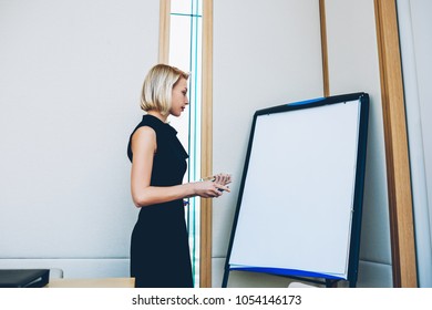 Young Female Executive Manager In Elegant Wear Looking At Mock Up Flip Chart Presentation Corporate Startup Ideas, Professional Woman Coach Standing Near Blank Board During Leadership Conference