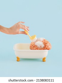 Young female hand brushing human brain in a tub with foam, on isolated pastel blue background with copy space. Minimal abstract concept of mental health, treatment of brain fog, detox or brainwashing.