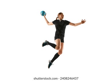 Young female handball athlete practicing throws and receptions against white background. Energetic and focused training session. Concept of professional sport, movement, dynamic, workout, championship - Powered by Shutterstock