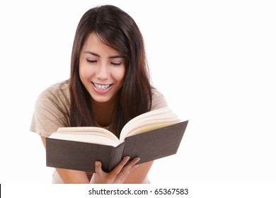 Young Female Happily Reading Book, Isolated On White