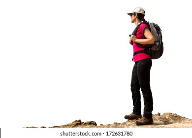 Young Female Hiker With Backpack And Boots Standing On Rock.Isolated On White Background. 