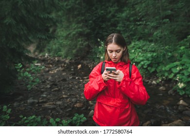 Young female hiker is concentrated on her smartphone, texting and feeling puzzled in the fir woods. Tourist girl in a red raincoat is googling the maps in the mountain forest. River on the background.