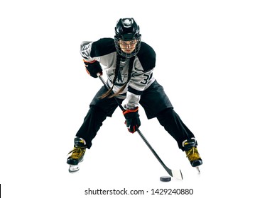 Young Female Hockey Player With The Stick Isolated On White Background. Sportswoman In Action Wearing Equipment Attacking For The Goal Or Score. Concept Of Sport, Healthy Lifestyle, Motion, Movement.