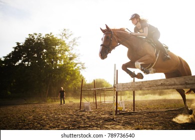 Young Female Jockey On Horse Leaping Over Hurdle