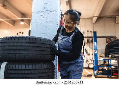 Young female mechanic wearing safety glasses and overalls lifting a large car tire in a professional repair shop - Powered by Shutterstock