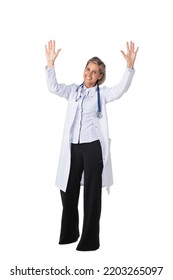 Young Female Medical Doctor With Stethoscope With Raised Arms Isolated On White Background Full Length Studio Portrait