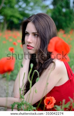 Similar – Portrait of a girl in red dress on a wooden door