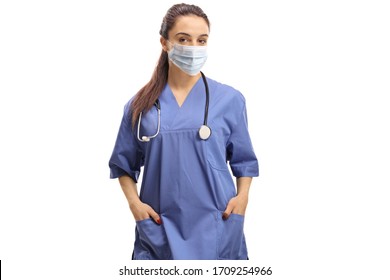 Young Female Nurse Wearing A Medical Mask Isolated On White Background