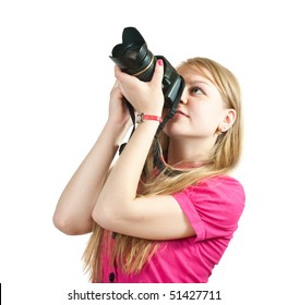 Young Female Photographer, Isolated Over White Background