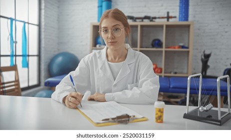 Young female physiotherapist writing notes in a rehab clinic room with exercise equipment in the background - Powered by Shutterstock