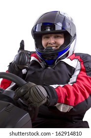 Young Female Race Car Driver In A Racing Suit And Helmet