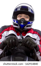 Young Female Race Car Driver In A Racing Suit And Helmet