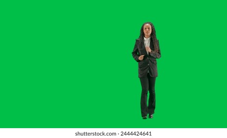 Young female reporter isolated on chroma key green screen background. Full shot african american woman tv news host running. - Powered by Shutterstock