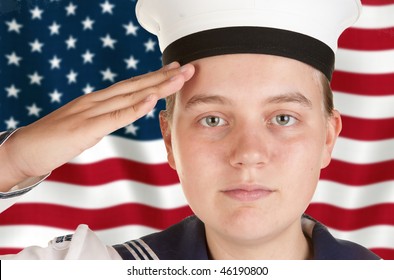 Young Female Sailor Saluting In Front Of US Flag