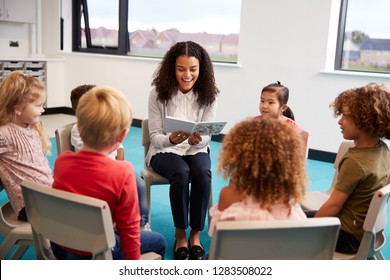 Young Female School Teacher Reading A Book To Kindergarten Children, Sitting On Chairs In A Circle In The Classroom Listening