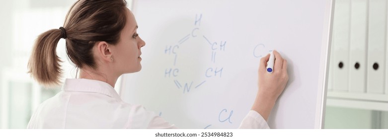 Young female scientist in white clothes writes chemical formulas on big whiteboard intently. Woman conducts chemistry seminar in light office room - Powered by Shutterstock