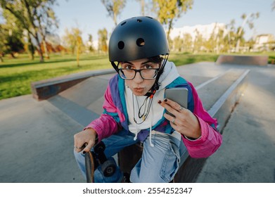 Young female skater wearing protective helmet using mobile phone and making a duck face while sitting on the edge of a ramp at the skatepark - Powered by Shutterstock