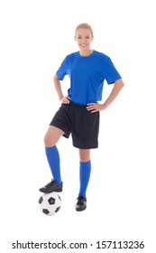 Young Female Soccer Player In Blue Uniform With Ball Isolated On White Background