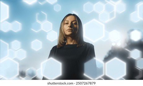 Young female soccer player standing confidently against a backdrop of glowing hexagonal patterns and light trails. Ideal for illustrating themes of sports, technology, and futuristic design. - Powered by Shutterstock