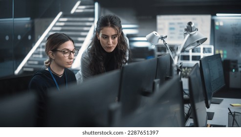 Young Female Software Developer Working on Computer Together with a Friendly Colleagues. Female Asking Advice from a Manager About a Solution for Their Collaborative Tech Project