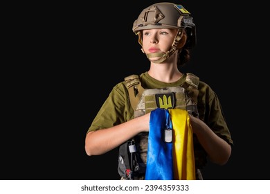 Young female soldier with flag of Ukraine and military tag on dark background - Powered by Shutterstock