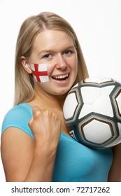 Young Female Sports Fan With St Georges Flag Painted On Face