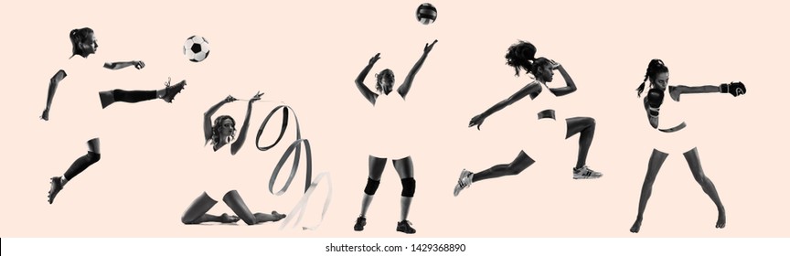 Young female sportswomen, creative collage. Women in sport's equipment and shoes or sneakers training and practicing. Concept of sport, healthy lifestyle, motion and movement, women's rights. - Powered by Shutterstock