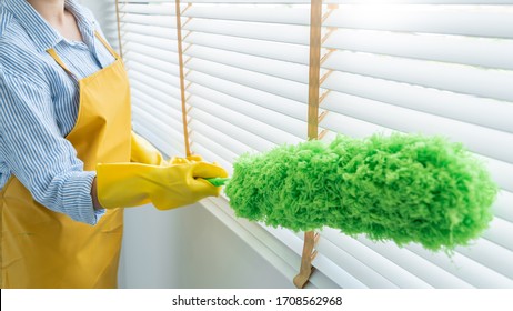 Young Female Spring Cleaning House Interior Holding A Duster For Wiping Dust Dusting Furniture At Home