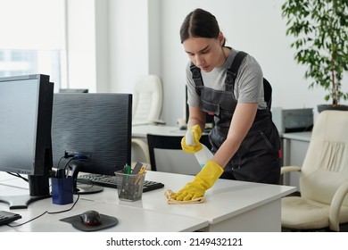 Young Female Staff Of Cleaning Service Company With Plastic Bottle Of Detergent Wiping Desk With Duster In Openspace Office