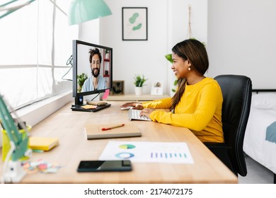 Young Female Student Listening Male Teacher At Online Class - African American Woman Having A Video Call On Training Webinar On Laptop - Online Education Concept