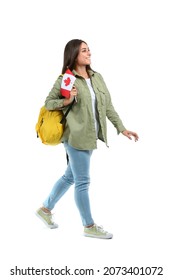 Young Female Student With National Flag Of Canada On White Background