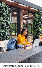 Young Female Student Sitting At A Table Outside Using Her Laptop