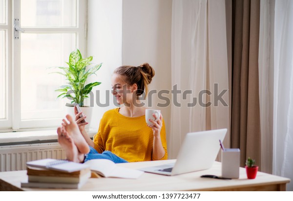 Young Female Student Sitting Table Using Stock Photo 1397723477 ...