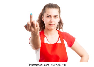 Young Female Supermarket Worker Making Vulgar Gesture With Middle Finger As Angry Rude Retail Employee Concept Isolated Oh White Background