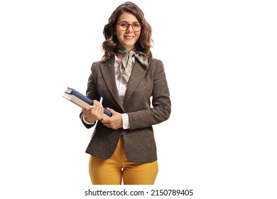 Young Female Teacher With Glasses Holding Books Isolated On White Background