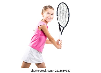 Young female tennis player in pink outfit. Little girl posing with racket and ball isolated on white background. - Powered by Shutterstock