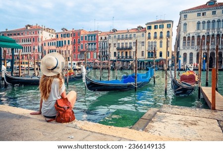 Young female tourist enjoyment Venice city- travel, tour tourism in Europe
