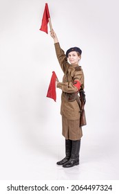 Young Female Traffic Controller In Military Clothes Of The Soviet Army During The Wwii 1940s