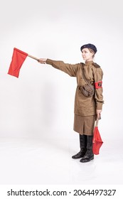 Young Female Traffic Controller In Military Clothes Of The Soviet Army During The Wwii 1940s