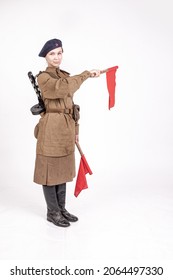 Young Female Traffic Controller In Military Clothes Of The Soviet Army During The Wwii 1940s