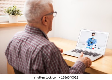 Young Female UK E-doctor Consulting Elderly Man,online Video Help Line Virtual Medical Appointment,GP Prescribing Medication To Senior Patient,telemedicine Diagnosis,tele Visit Remote Health Concept