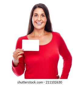 Young female Wearing red holding an empty Blank notecard isolated on White