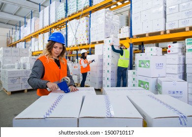 Young Female Worker Packing Boxes For Shipment In Warehouse