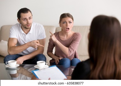Young fighting angry couple blaming each other for problems, telling its your fault, discussing with psychologist who is right and wrong, misunderstanding and selfishness in marriage, pointing finger